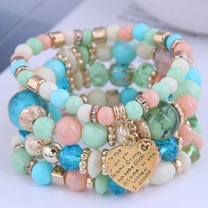 MULTI COLOR HEART SHAPED CRYSTAL BEADED PENDANT BRACELET SET